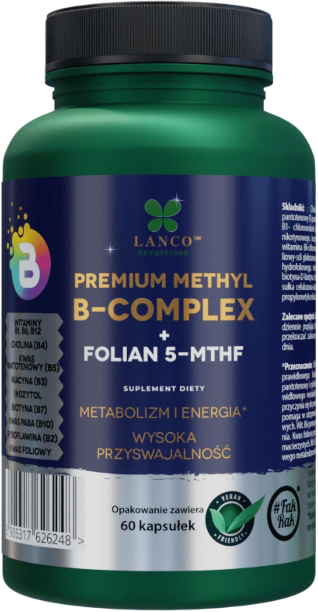 Lanco Nutritions Witaminy B Compleks Metylowane Folian 5 Mthf 60Kaps ...