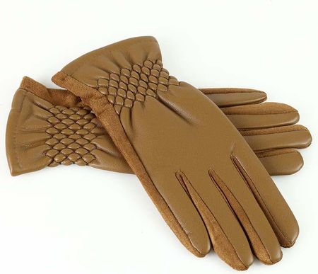 Stylowe rękawiczki damskie skóra eco na ściagaczu - MARCO MAZZINI brąz koniak