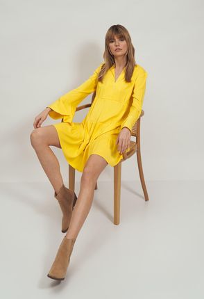 Sukienka wiskozowa z falbaną w kolorze żółtym - S180 (kolor żółty, rozmiar 44/46)