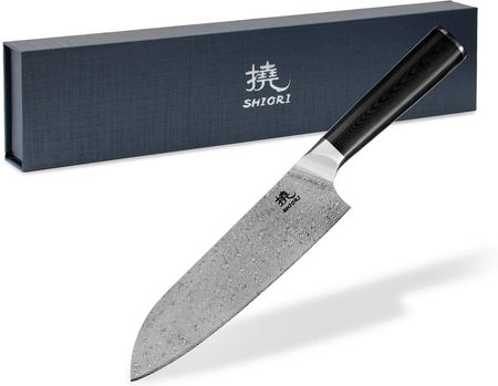 Duży, idealnie wywarzony nóż Shiori Yasashi-sa Santoku stal damasceńska, rękojeść G10