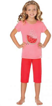 Piżama dziewczęca krótki rękaw,3/4 spodnie kolor róż truskawkowy (916 Róż truskawkowy /czerwień karmzynowa, 122)