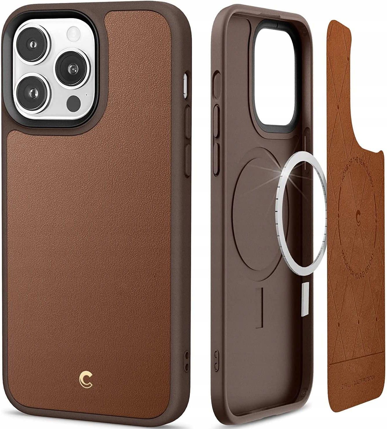 CYRILL Spigen Kajuk Mag Custodia Compatibile con iPhone 16 Pro (Faux Leather, TPU, PC | Saddle Brown