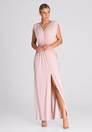 Elegancka sukienka maxi na szerokich ramiączkach (Pudrowy, L/XL)