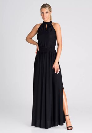 Niezwykła sukienka maxi z ozdobnym dekoltem (Czarny, S)
