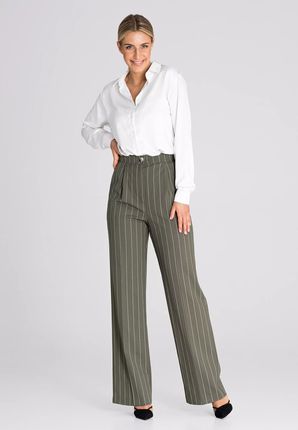 Garniturowe spodnie z szerokimi nogawkami w paski (Oliwkowy, S)