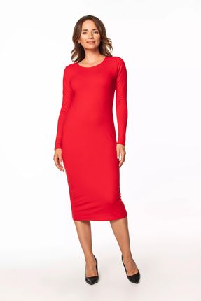 Dopasowana sukienka za kolano z okrągłym dekoltem (Czerwony, L)