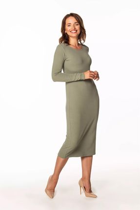 Dopasowana sukienka za kolano z okrągłym dekoltem (Khaki, XL)
