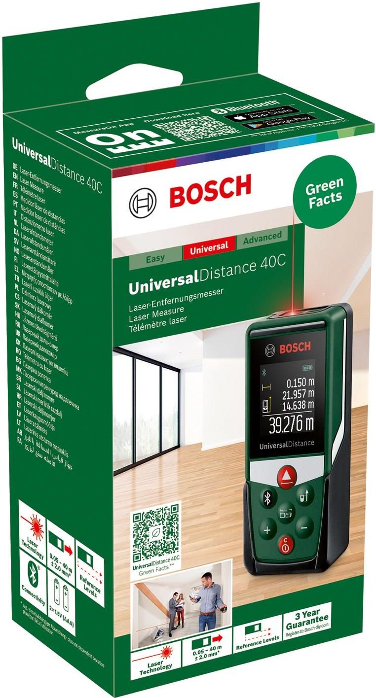 Bosch distanziometro laser UniversalDistance 40C (misura distanze fino a 40 m con precisione, connettività Bluetooth, funzioni di misurazione, in cartone