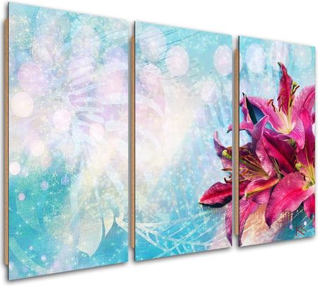 Feeby Obraz Trzyczęściowy Deco Panel Różowe Kwiaty Na Niebieskim Tle 120x80 1492806