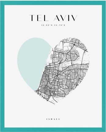 Mpink Plakat Mapa Miasta Tel Aviv Serce 24x30 Cm + Ramka Turkusowe Morze 13676
