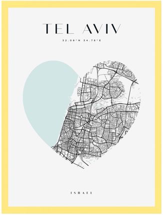 Mpink Plakat Mapa Miasta Tel Aviv Serce 21x29,7 Cm + Ramka Żółta 13682