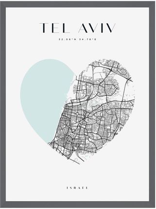 Mpink Plakat Mapa Miasta Tel Aviv Serce 24x30 Cm + Ramka Kamienna Szarość 13728