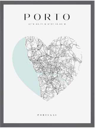 Mpink Plakat Mapa Miasta Porto Serce 50x70 Cm + Ramka Kamienna Szarość 14004