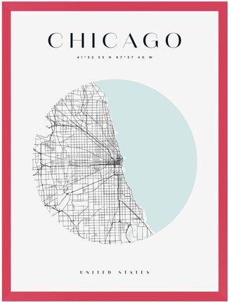 Mpink Plakat Mapa Miasta Chicago Koło 24x30 Cm + Ramka Amarant 14118