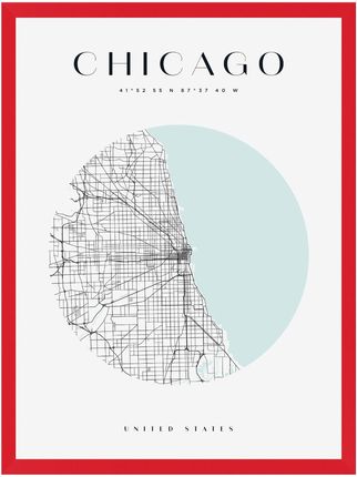 Mpink Plakat Mapa Miasta Chicago Koło 30x40 Cm + Ramka Czerwona 14143