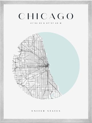 Mpink Plakat Mapa Miasta Chicago Koło 21x29,7 Cm + Ramka Srebrna 14155