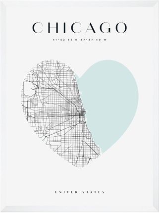 Mpink Plakat Mapa Miasta Chicago Serce 24x30 Cm + Ramka Biała 14187