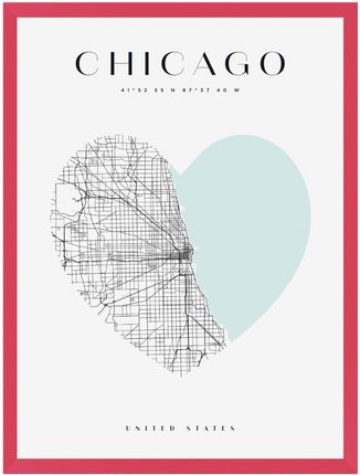 Mpink Plakat Mapa Miasta Chicago Serce 24x30 Cm + Ramka Amarant 14207