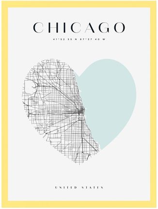 Mpink Plakat Mapa Miasta Chicago Serce 21x29,7 Cm + Ramka Żółta 14221