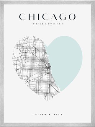 Mpink Plakat Mapa Miasta Chicago Serce 24x30 Cm + Ramka Srebrna 14247