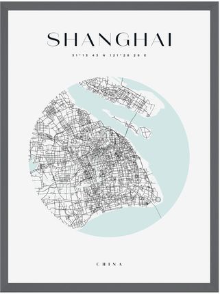 Mpink Plakat Mapa Miasta Shanghai Koło 24x30 Cm + Ramka Kamienna Szarość 14723