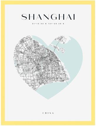Mpink Plakat Mapa Miasta Shanghai Serce 24x30 Cm + Ramka Żółta 14770