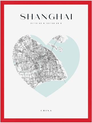 Mpink Plakat Mapa Miasta Shanghai Serce 21x29,7 Cm + Ramka Czerwona 14776