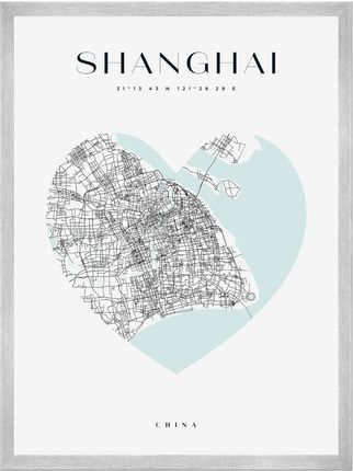 Mpink Plakat Mapa Miasta Shanghai Serce 24x30 Cm + Ramka Srebrna 14794