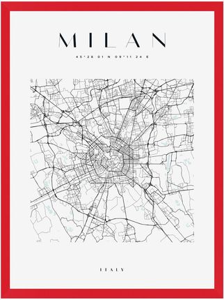 Mpink Plakat Mapa Miasta Milan Kwadrat 24x30 Cm + Ramka Czerwona 15141
