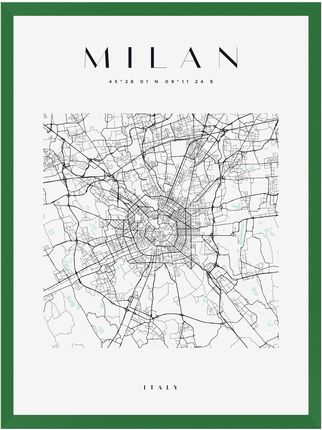 Mpink Plakat Mapa Miasta Milan Kwadrat 24x30 Cm + Ramka Zielona 15149