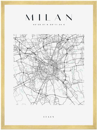 Mpink Plakat Mapa Miasta Milan Kwadrat 24x30 Cm + Ramka Złota 15167