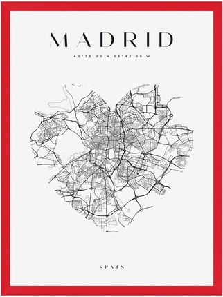 Mpink Plakat Mapa Miasta Madryt Serce 21x29,7 Cm + Ramka Czerwona 15048