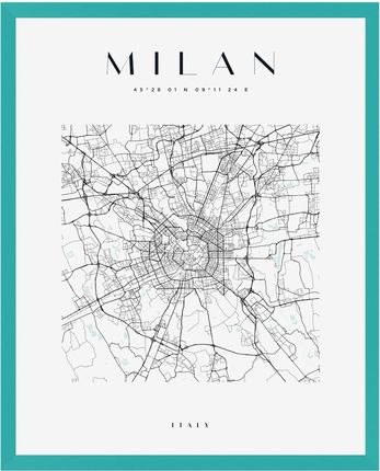 Mpink Plakat Mapa Miasta Milan Kwadrat 24x30 Cm + Ramka Turkusowe Morze 15125