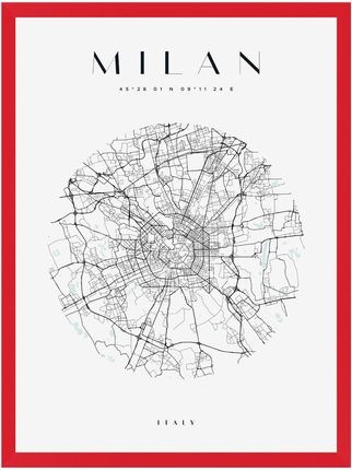 Mpink Plakat Mapa Miasta Milan Koło 30x40 Cm + Ramka Czerwona 15233