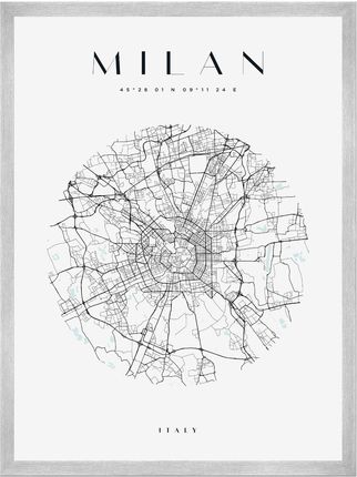 Mpink Plakat Mapa Miasta Milan Koło 50x70 Cm + Ramka Srebrna 15254