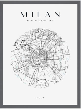 Mpink Plakat Mapa Miasta Milan Koło 21x29,7 Cm + Ramka Kamienna Szarość 15265