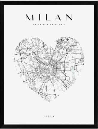 Mpink Plakat Mapa Miasta Milan Serce 24x30 Cm + Ramka Czarna 15287