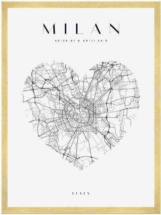 Mpink Plakat Mapa Miasta Milan Serce 24x30 Cm + Ramka Złota 15347
