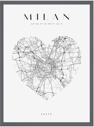 Mpink Plakat Mapa Miasta Milan Serce 21x29,7 Cm + Ramka Kamienna Szarość 15354