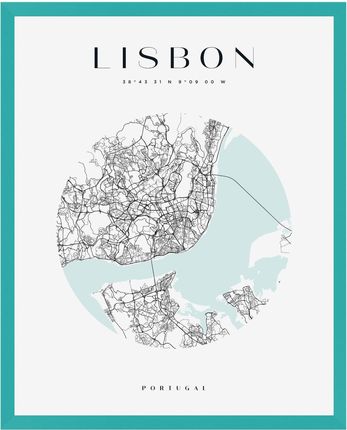 Mpink Plakat Mapa Miasta Lisbona Koło 24x30 Cm + Ramka Turkusowe Morze 15486