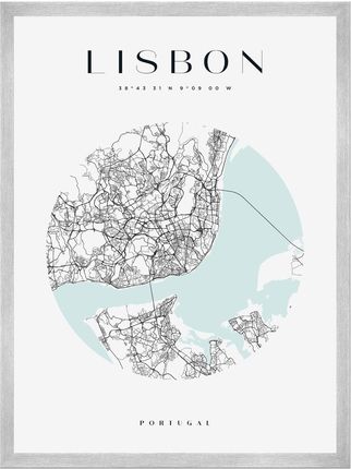 Mpink Plakat Mapa Miasta Lisbona Koło 50x70 Cm + Ramka Srebrna 15525