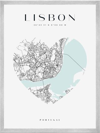 Mpink Plakat Mapa Miasta Lisbona Serce 21x29,7 Cm + Ramka Srebrna 15608