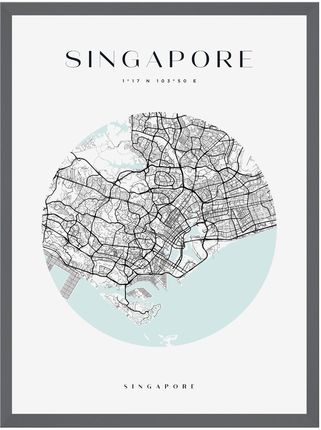 Mpink Plakat Mapa Miasta Singapur Koło 30x40 Cm + Ramka Kamienna Szarość 15819