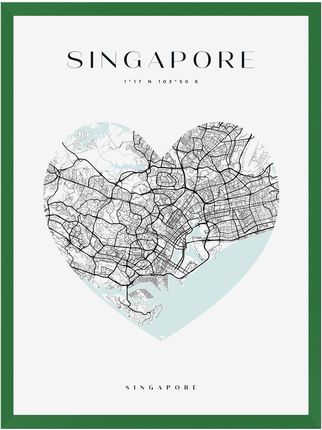Mpink Plakat Mapa Miasta Singapur Serce 24x30 Cm + Ramka Zielona 15879