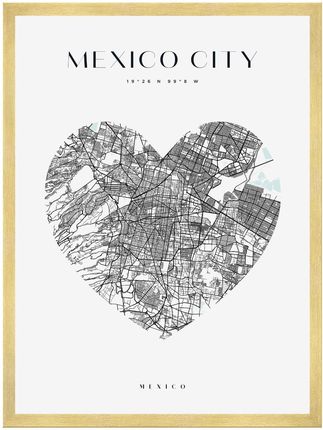Mpink Plakat Mapa Miasta Meksyk Serce 40x50 Cm + Ramka Złota 9932