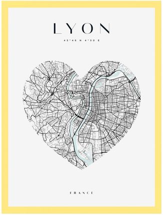 Mpink Plakat Mapa Miasta Lyon Serce 21x29,7 Cm + Ramka Żółta 9608