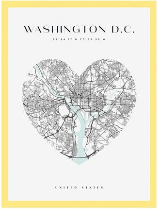 Mpink Plakat Mapa Miasta Waszyngton Serce 21x29,7 Cm + Ramka Żółta 9619