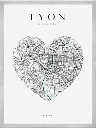 Mpink Plakat Mapa Miasta Lyon Serce 30x40 Cm + Ramka Srebrna 9636