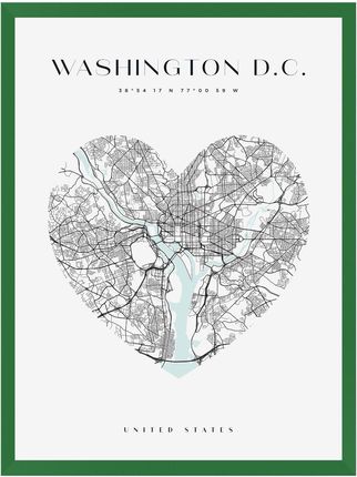 Mpink Plakat Mapa Miasta Waszyngton Serce 24x30 Cm + Ramka Zielona 9637