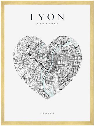 Mpink Plakat Mapa Miasta Lyon Serce 24x30 Cm + Ramka Złota 9644